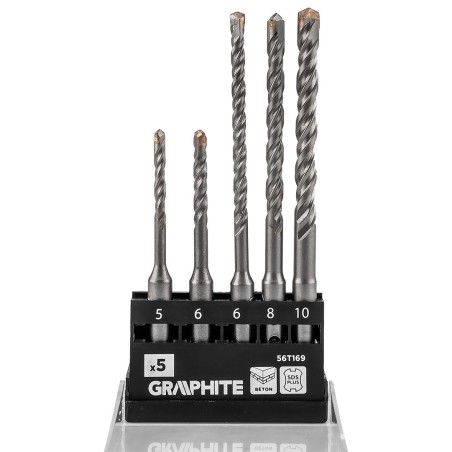 GRAPHITE 56T169 Zestaw wierteł do betonu SDS Plus z podwójną spiralą 5 x 6 x 110 mm, 6 x 8 x 10 x 160 mm, zestaw: 5