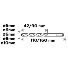 GRAPHITE 56T169 Zestaw wierteł do betonu SDS Plus z podwójną spiralą 5 x 6 x 110 mm, 6 x 8 x 10 x 160 mm, zestaw: 5 