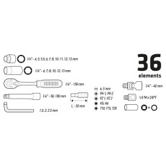 TOPEX 38D669 Klucze nasadowe 1/4", zestaw 36 szt. 