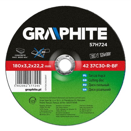 GRAPHITE 57H724 Tarcza tnąca do kamienia 180 x 3.2 x 22.2 mm, 42 37C30-R-BF