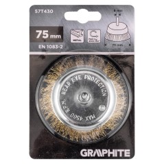 GRAPHITE 57T430 Szczotka druciana doczołowa 75 mm, drut karbowany, mosiądzowany, z trzpieniem 6 mm 