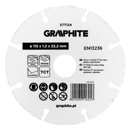 GRAPHITE 57T124 Tarcza z ostrzem TCT do cięcia drewna z gwoździami 115 x 1.2 x 22.22 mm