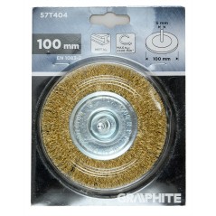 GRAPHITE 57T404 Szczotka druciana tarczowa 100 mm, drut karbowany, mosiądzowany, z trzpieniem 6 mm 