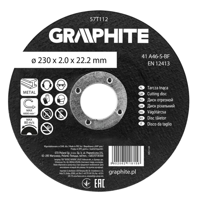 GRAPHITE 57T112 Tarcza tnąca, korundowa do metalu 230 x 2.0 x 22.2 mm,  41 A46-S-BF