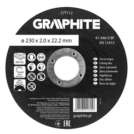 GRAPHITE 57T112 Tarcza tnąca, korundowa do metalu 230 x 2.0 x 22.2 mm,  41 A46-S-BF