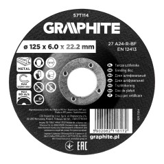 GRAPHITE 57T114 Tarcza szlifierska, korundowa do metalu 125 x 6.0 x 22.2 mm, 27 A24-R-BF, wypukła