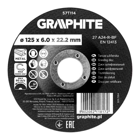 GRAPHITE 57T114 Tarcza szlifierska, korundowa do metalu 125 x 6.0 x 22.2 mm, 27 A24-R-BF, wypukła