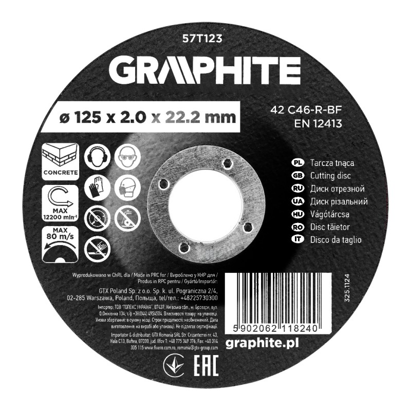 GRAPHITE 57T123 Tarcza tnąca, korundowa do betonu, wypukła 125 x 2.0 x 22.2 mm, 42 C46-R-BF