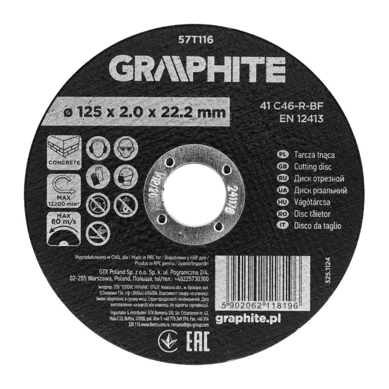 GRAPHITE 57T116 Tarcza tnąca, korundowa do betonu 125 x 2.0 x 22.2 mm,  41 C46-R-BF