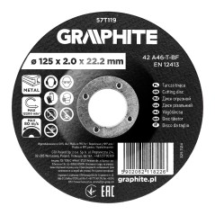 GRAPHITE 57T119 Tarcza tnąca, korundowa do metalu, wypukła 125 x 2.0 x 22.2 mm, 42 A46-T-BF