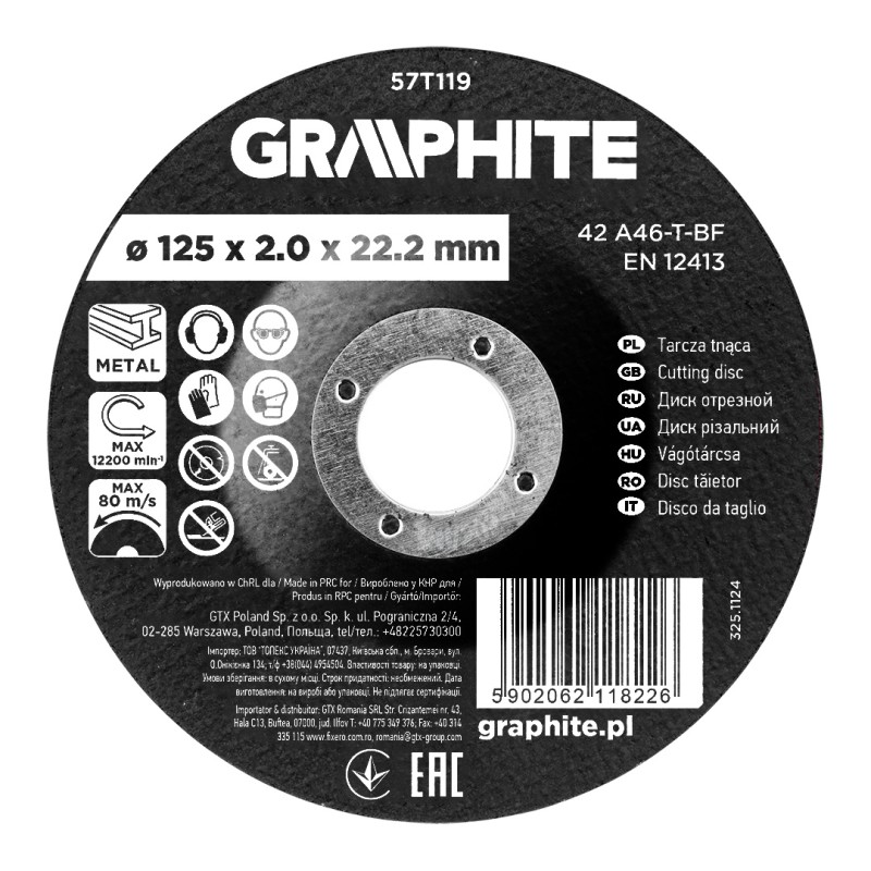 GRAPHITE 57T119 Tarcza tnąca, korundowa do metalu, wypukła 125 x 2.0 x 22.2 mm, 42 A46-T-BF