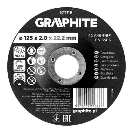 GRAPHITE 57T119 Tarcza tnąca, korundowa do metalu, wypukła 125 x 2.0 x 22.2 mm, 42 A46-T-BF