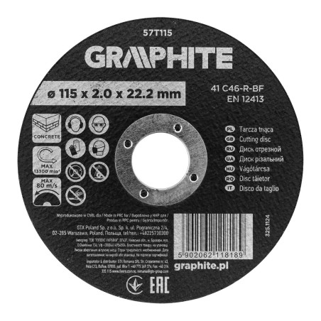 GRAPHITE 57T115 Tarcza tnąca, korundowa do betonu 115 x 2.0 x 22.2 mm,  41 C46-R-BF