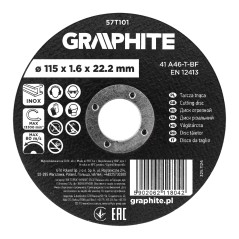 GRAPHITE 57T101 Tarcza tnąca, korundowa do metalu/INOX 115 x 1.6 x 22.2 mm,  41 A46-T-BF