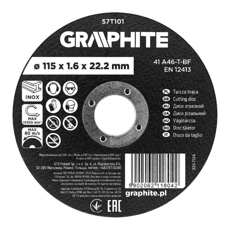 GRAPHITE 57T101 Tarcza tnąca, korundowa do metalu/INOX 115 x 1.6 x 22.2 mm,  41 A46-T-BF