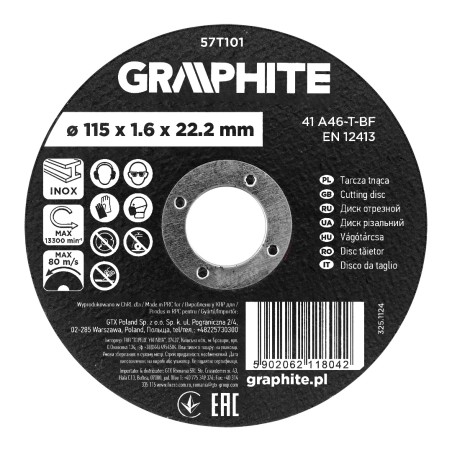 GRAPHITE 57T101 Tarcza tnąca, korundowa do metalu/INOX 115 x 1.6 x 22.2 mm,  41 A46-T-BF