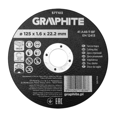 GRAPHITE 57T103 Tarcza tnąca, korundowa do metalu/INOX 125 x 1.6 x 22.2 mm,  41 A46-T-BF