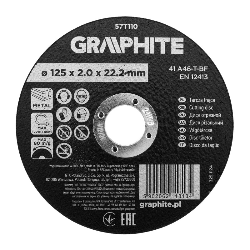GRAPHITE 57T110 Tarcza tnąca, korundowa do metalu 125 x 2.0 x 22.2 mm,  41 A46-T-BF