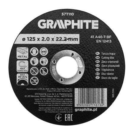 GRAPHITE 57T110 Tarcza tnąca, korundowa do metalu 125 x 2.0 x 22.2 mm,  41 A46-T-BF