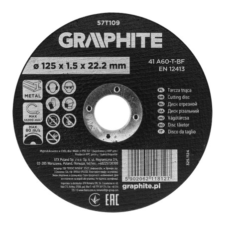 GRAPHITE 57T109 Tarcza tnąca, korundowa do metalu 125 x 1.5 x 22.2 mm,  41 A60-T-BF