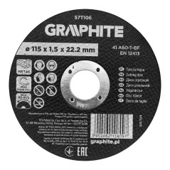 GRAPHITE 57T106 Tarcza tnąca, korundowa do metalu 115 x 1.5 x 22.2 mm,  41 A60-T-BF