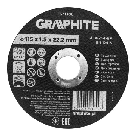 GRAPHITE 57T106 Tarcza tnąca, korundowa do metalu 115 x 1.5 x 22.2 mm,  41 A60-T-BF