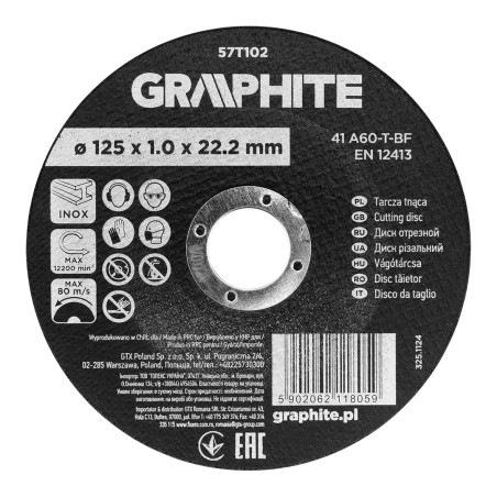 GRAPHITE 57T102 Tarcza tnąca, korundowa do metalu/INOX 125 x 1.0 x 22.2 mm,  41 A60-T-BF
