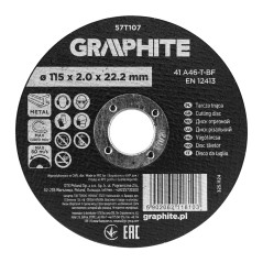 GRAPHITE 57T107 Tarcza tnąca, korundowa do metalu 115 x 2.0 x 22.2 mm,  41 A46-T-BF