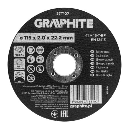 GRAPHITE 57T107 Tarcza tnąca, korundowa do metalu 115 x 2.0 x 22.2 mm,  41 A46-T-BF