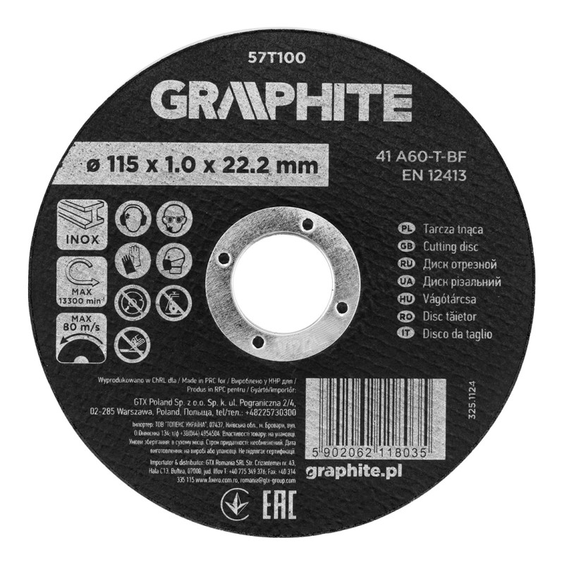 GRAPHITE 57T100 Tarcza tnąca, korundowa do metalu/INOX 115 x 1.0 x 22.2 mm,  41 A60-T-BF
