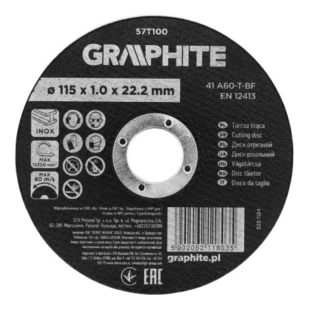 GRAPHITE 57T100 Tarcza tnąca, korundowa do metalu/INOX 115 x 1.0 x 22.2 mm,  41 A60-T-BF