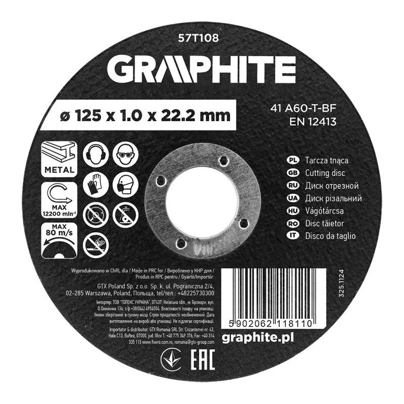 GRAPHITE 57T108 Tarcza tnąca, korundowa do metalu 125 x 1.0 x 22.2 mm,  41 A60-T-BF
