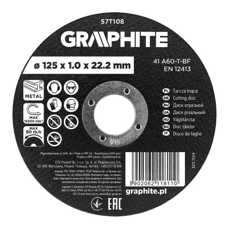 GRAPHITE 57T108 Tarcza tnąca, korundowa do metalu 125 x 1.0 x 22.2 mm,  41 A60-T-BF