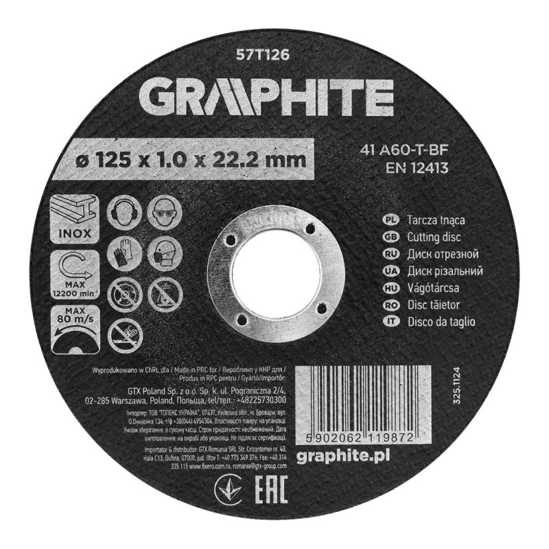 GRAPHITE 57T126 Tarcza tnąca, korundowa do metalu/INOX 125 x 1.0 x 22.2 mm, 41 A60-T-BF, kartonik 110 sztuk