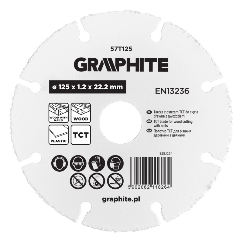 GRAPHITE 57T125 Tarcza z ostrzem TCT do cięcia drewna z gwoździami 125 x 1.2 x 22.22 mm