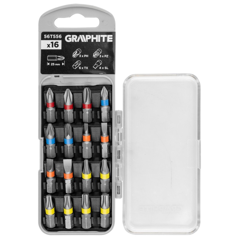 GRAPHITE 56T556 Zestaw bitów SL3/4/5/6, PH1/2/3, PZ1/2/3, TX10/15/20/25/27/30 x 25 mm, 16 szt.