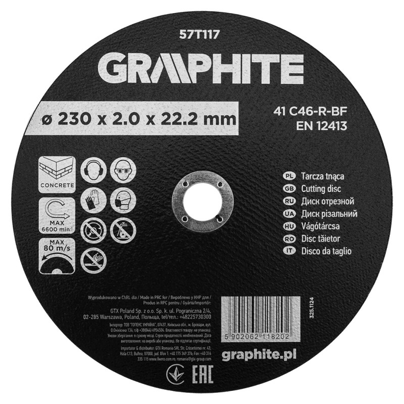 GRAPHITE 57T117 Tarcza tnąca, korundowa do betonu 230 x 2.0 x 22.2 mm,  41 C46-R-BF