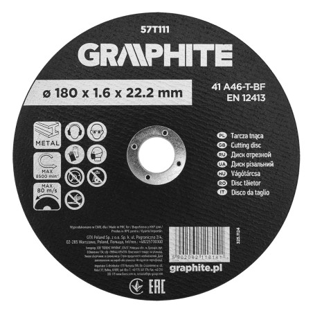 GRAPHITE 57T111 Tarcza tnąca, korundowa do metalu 180 x 1.6 x 22.2 mm, 41 A46-T-BF