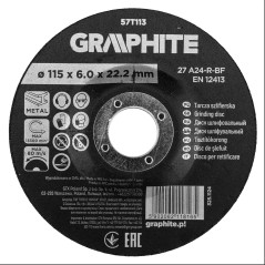 GRAPHITE 57T113 Tarcza szlifierska, korundowa do metalu 115 x 6.0 x 22.2 mm, 27 A24-R-BF, wypukła