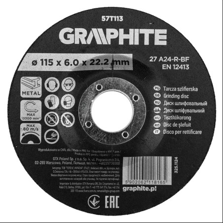 GRAPHITE 57T113 Tarcza szlifierska, korundowa do metalu 115 x 6.0 x 22.2 mm, 27 A24-R-BF, wypukła