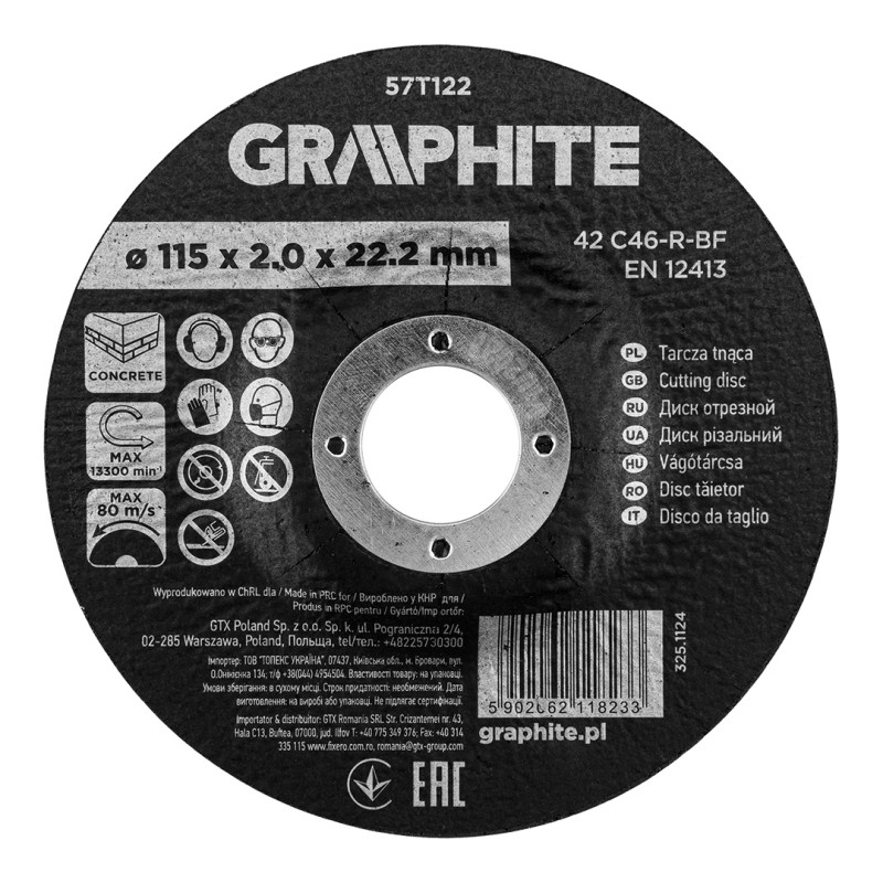 GRAPHITE 57T122 Tarcza tnąca, korundowa do betonu, wypukła 115 x 2.0 x 22.2 mm, 42 C46-R-BF