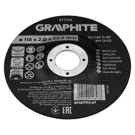 GRAPHITE 57T122 Tarcza tnąca, korundowa do betonu, wypukła 115 x 2.0 x 22.2 mm, 42 C46-R-BF