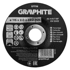 GRAPHITE 57T118 Tarcza tnąca, korundowa do metalu, wypukła 115 x 2.0 x 22.2 mm, 42 A46-T-BF
