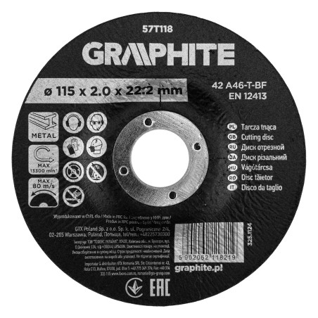 GRAPHITE 57T118 Tarcza tnąca, korundowa do metalu, wypukła 115 x 2.0 x 22.2 mm, 42 A46-T-BF