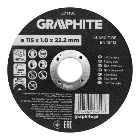 GRAPHITE 57T105 Tarcza tnąca, korundowa do metalu 115 x 1.0 x 22.2 mm,  41 A60-T-BF