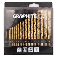 GRAPHITE 54T950 Wiertła do metalu HSS TiN, 1 - 10 mm, zestaw 19 szt. 