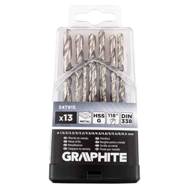 GRAPHITE 54T915 Wiertła do metalu HSS-G, 1,5-6,5 mm, zestaw 13 szt.