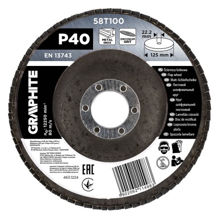 GRAPHITE 58T100 Ściernica listkowa cyrkonowa 125 x 22.2 mm, P40