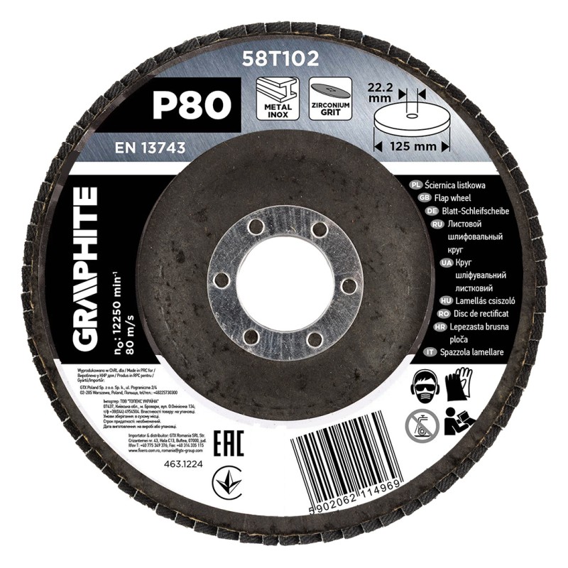 GRAPHITE 58T102 Ściernica listkowa cyrkonowa 125 x 22.2 mm, P80