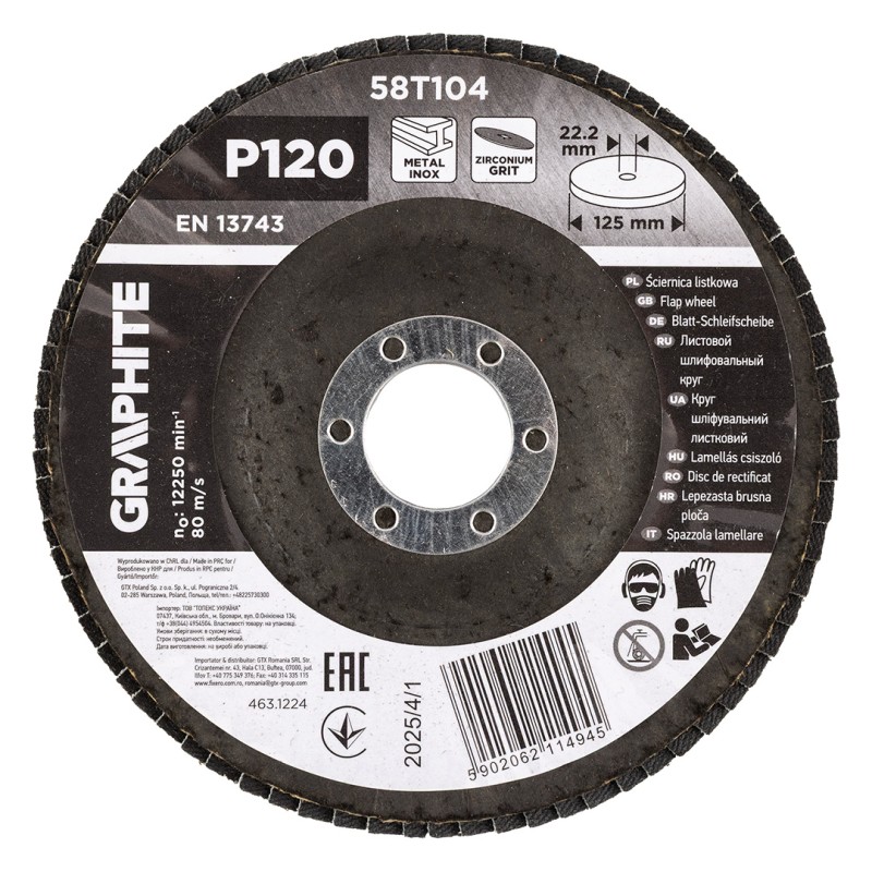 GRAPHITE 58T104 Ściernica listkowa cyrkonowa 125 x 22.2 mm, P120